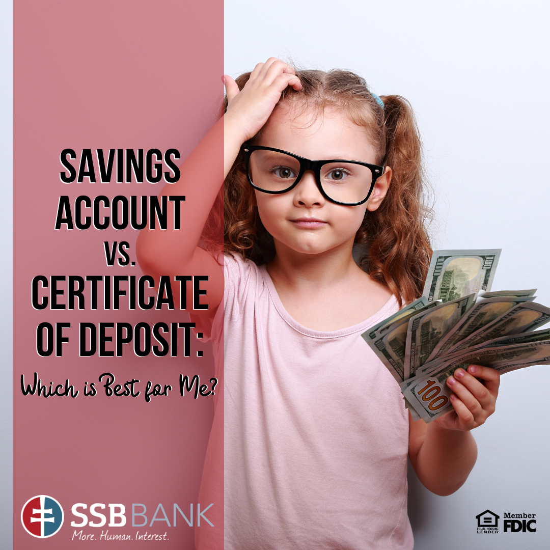 girl holding cash and scratching head with text "savings account versus certificate of deposit which is best for me"